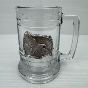 VTG Glass Beer Stein Tankard With Metal Pewter Eagle Crest Mountain Wildlife Mug